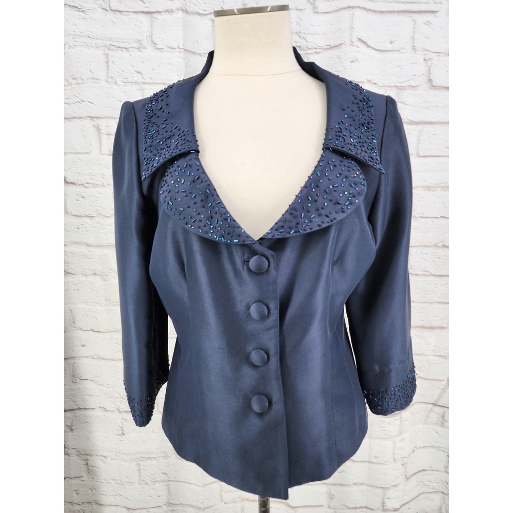 Vintage Talbots Silk Jacket Beaded Glam Formal Winter Wedding Cocktail Blue 12